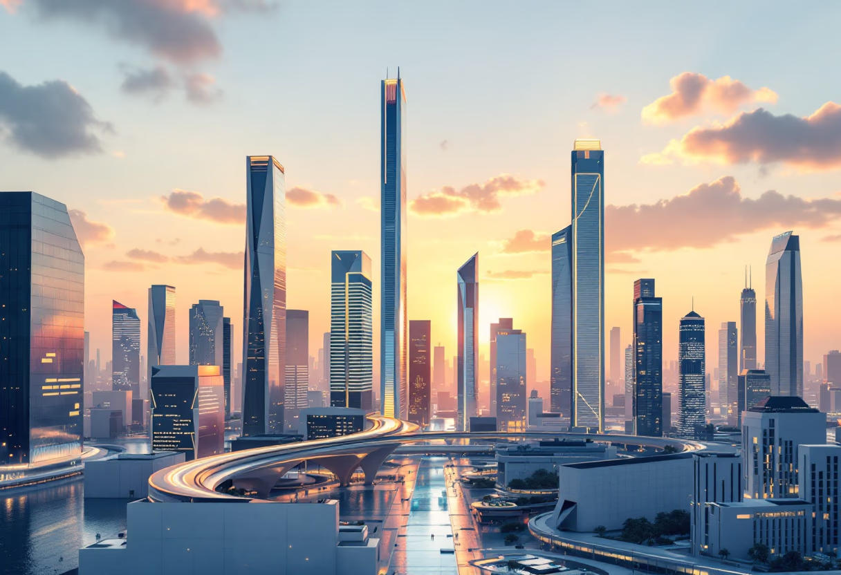 image of city skyline at sunset (for a fintech company)